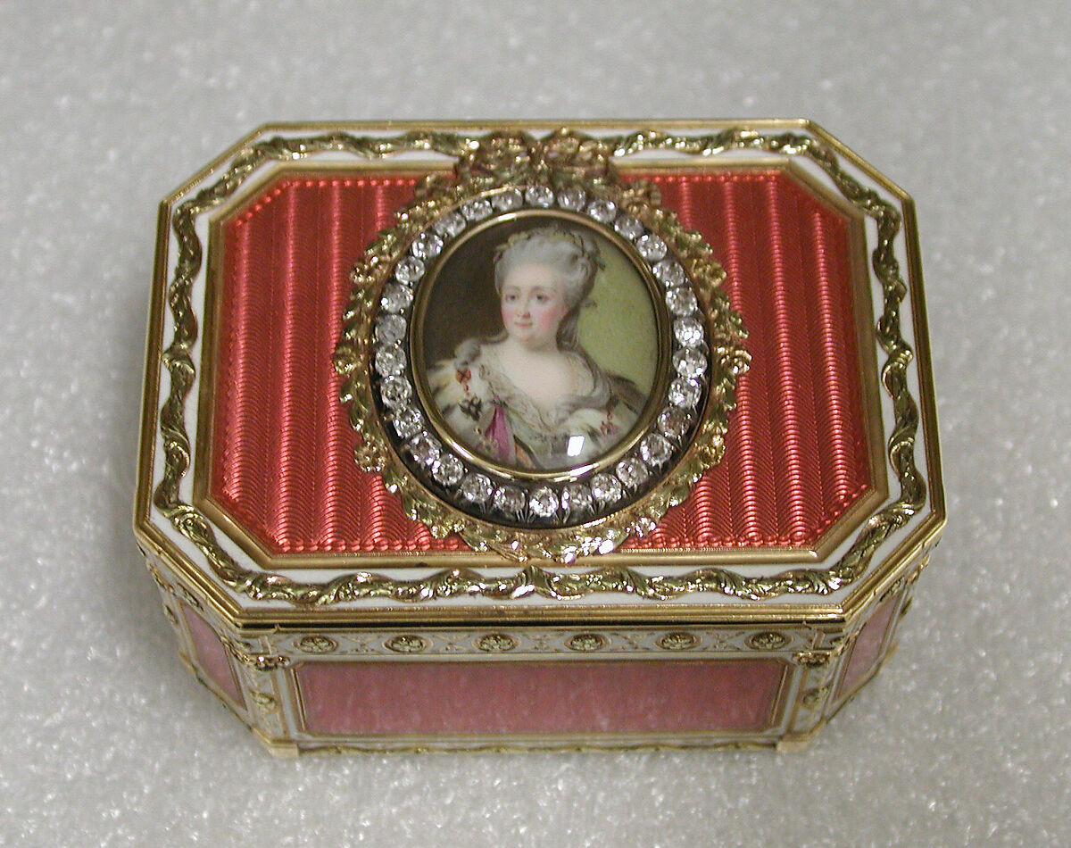 Snuffbox with portrait of Catherine II (1729–1796), Empress of Russia, Joseph Etienne Blerzy (French, active 1750–1806), Gold, enamel, diamonds, French, Paris
