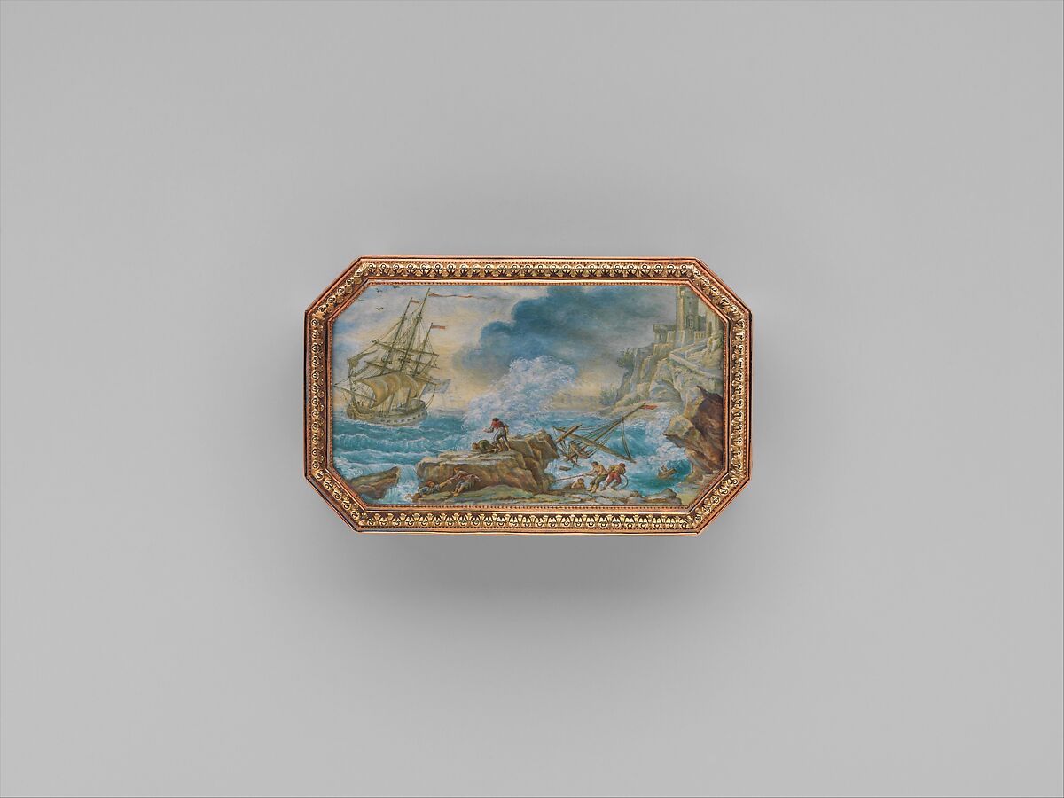 Snuffbox with six maritime scenes, Dominique-François Poitreau (apprenticed 1741, master 1757, retired 1781), Gold, paper, French, Paris 