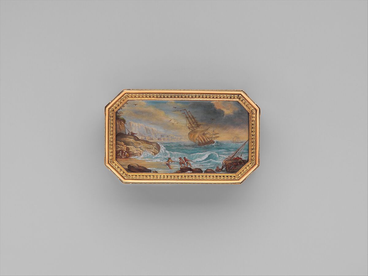 Snuffbox with six maritime scenes, Dominique-François Poitreau (apprenticed 1741, master 1757, retired 1781), Gold, paper, French, Paris