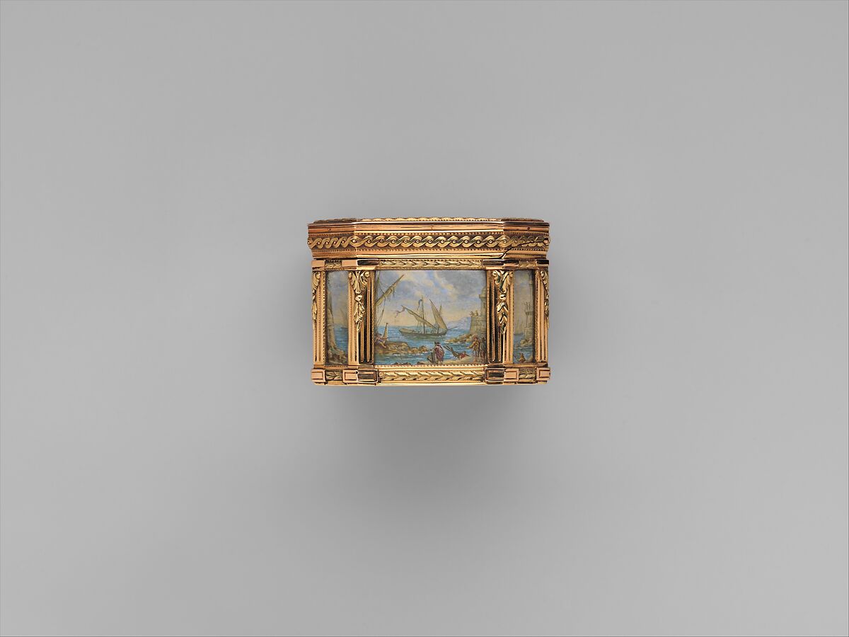 Snuffbox with six maritime scenes, Dominique-François Poitreau (apprenticed 1741, master 1757, retired 1781), Gold, paper, French, Paris