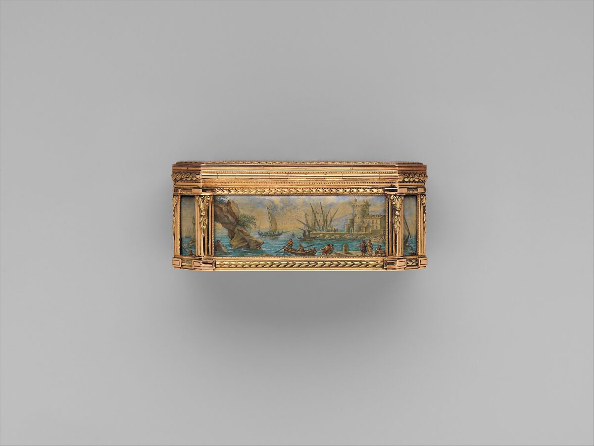 Snuffbox with six maritime scenes, Dominique-François Poitreau (apprenticed 1741, master 1757, retired 1781), Gold, paper, French, Paris