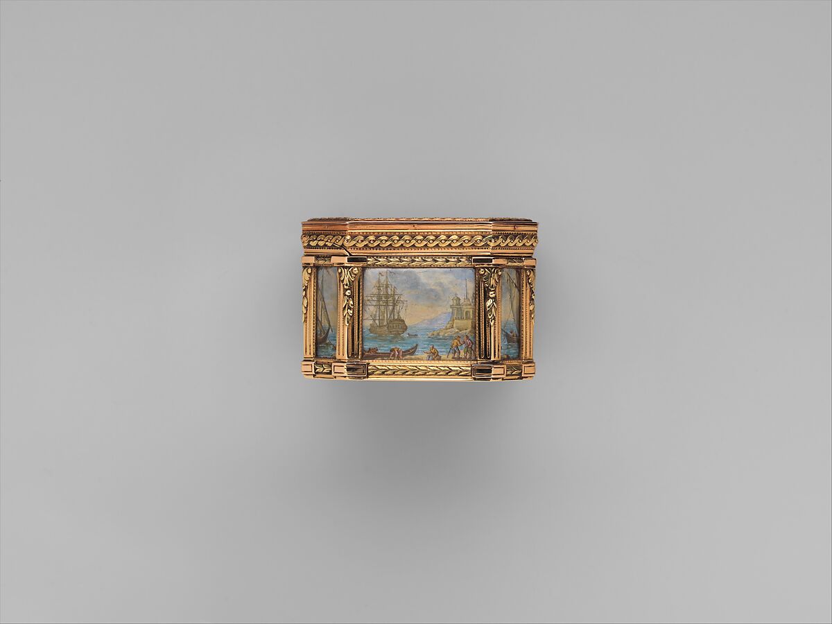 Snuffbox with six maritime scenes, Dominique-François Poitreau (apprenticed 1741, master 1757, retired 1781), Gold, paper, French, Paris