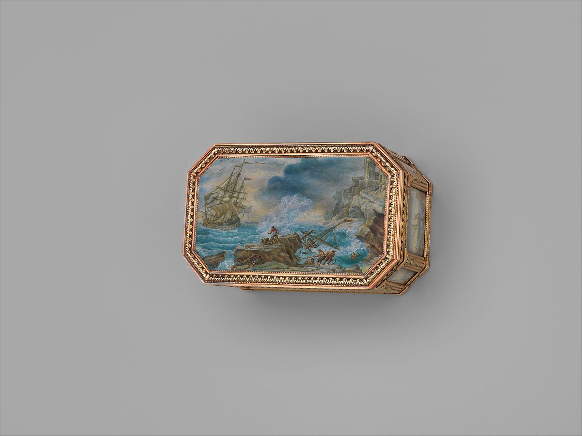 Snuffbox with six maritime scenes, Dominique-François Poitreau (apprenticed 1741, master 1757, retired 1781), Gold, paper, French, Paris