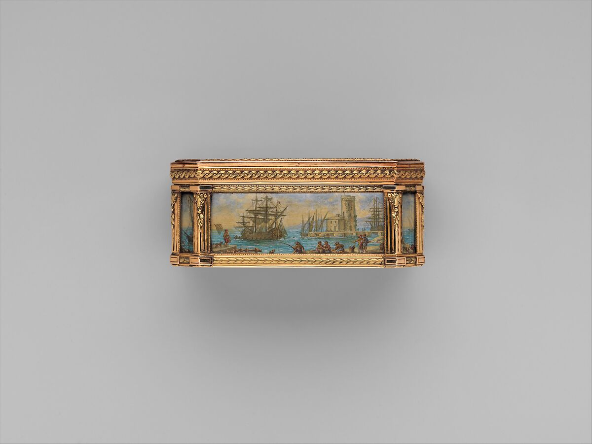 Snuffbox with six maritime scenes, Dominique-François Poitreau (apprenticed 1741, master 1757, retired 1781), Gold, paper, French, Paris