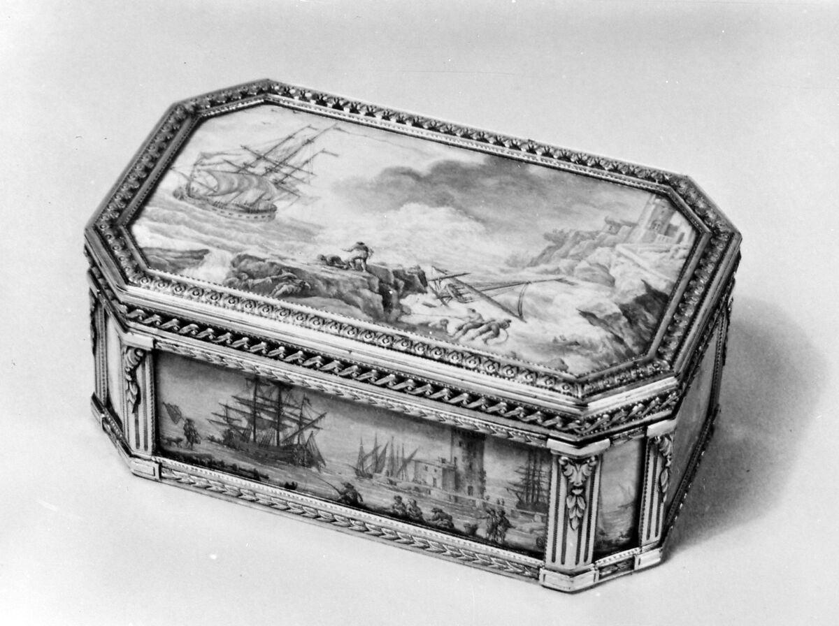 Snuffbox with six maritime scenes, Dominique-François Poitreau (apprenticed 1741, master 1757, retired 1781), Gold, paper, French, Paris