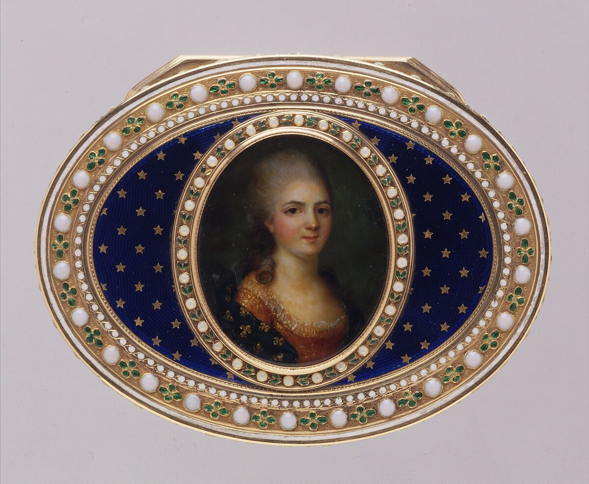 Snuffbox with portrait of a member of the French royal family, probably a daughter of Louis XV, Joseph Etienne Blerzy (French, active 1750–1806), Gold, enamel, gouache on cloth, glass, French, Paris 