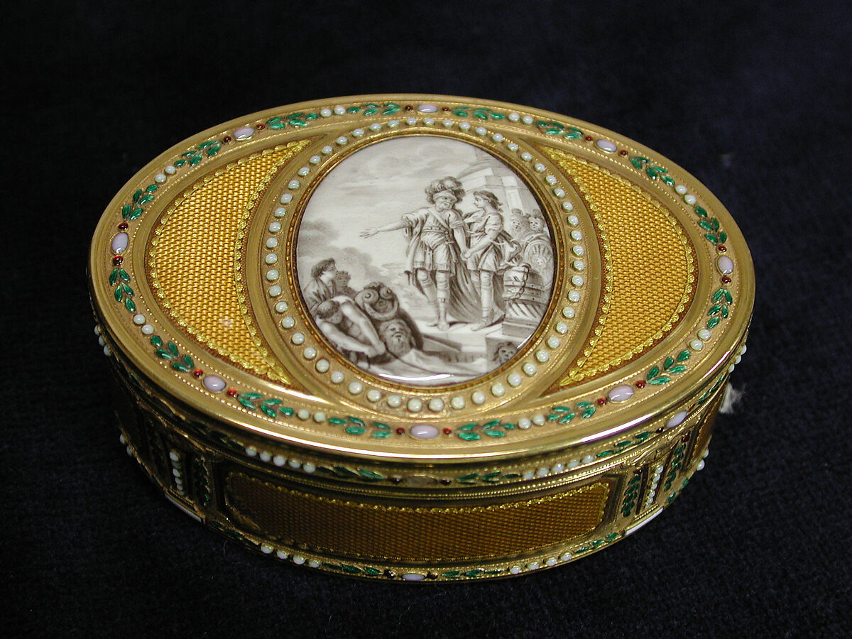 Snuffbox with miniature depicting departure of Telemachus from Egypt, Charles Ouizille (born 1745, apprenticed 1760, master 1771, active 1809), Gold, enamel, French, Paris 