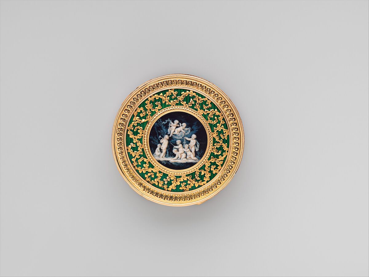 Snuffbox with scenes of putti at play, Pierre François Drais (French, 1726–ca. 1788), Gold, enamel, glass; Grisaille en camaïeu on ivory, French, Paris