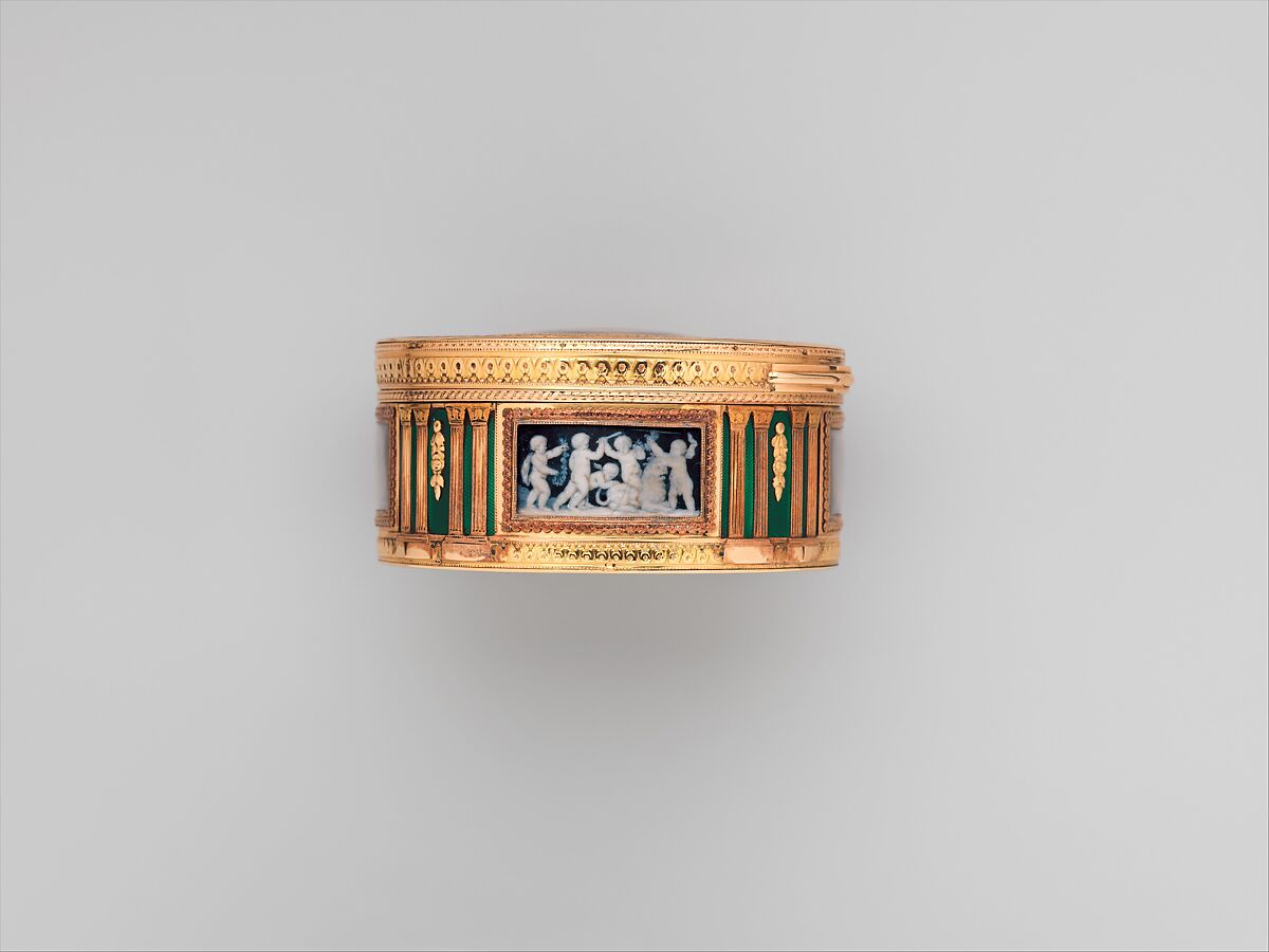 Snuffbox with scenes of putti at play, Pierre François Drais (French, 1726–ca. 1788), Gold, enamel, glass; Grisaille en camaïeu on ivory, French, Paris