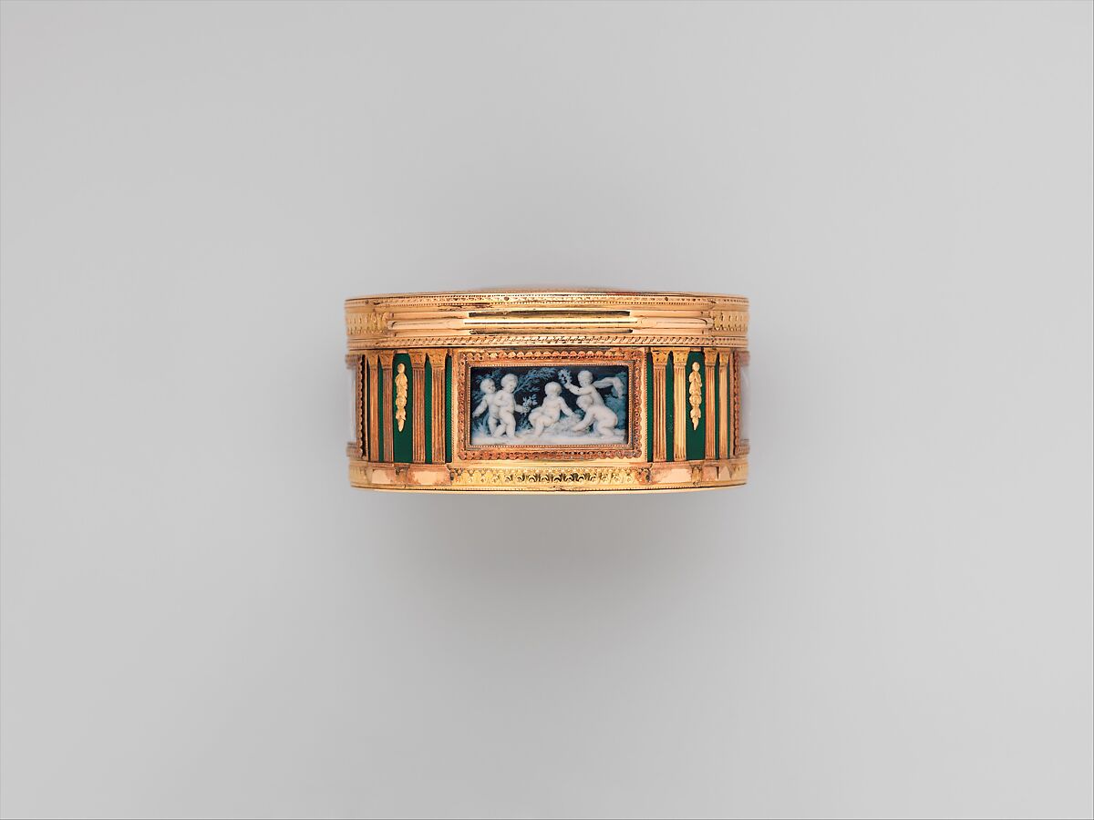 Snuffbox with scenes of putti at play, Pierre François Drais (French, 1726–ca. 1788), Gold, enamel, glass; Grisaille en camaïeu on ivory, French, Paris
