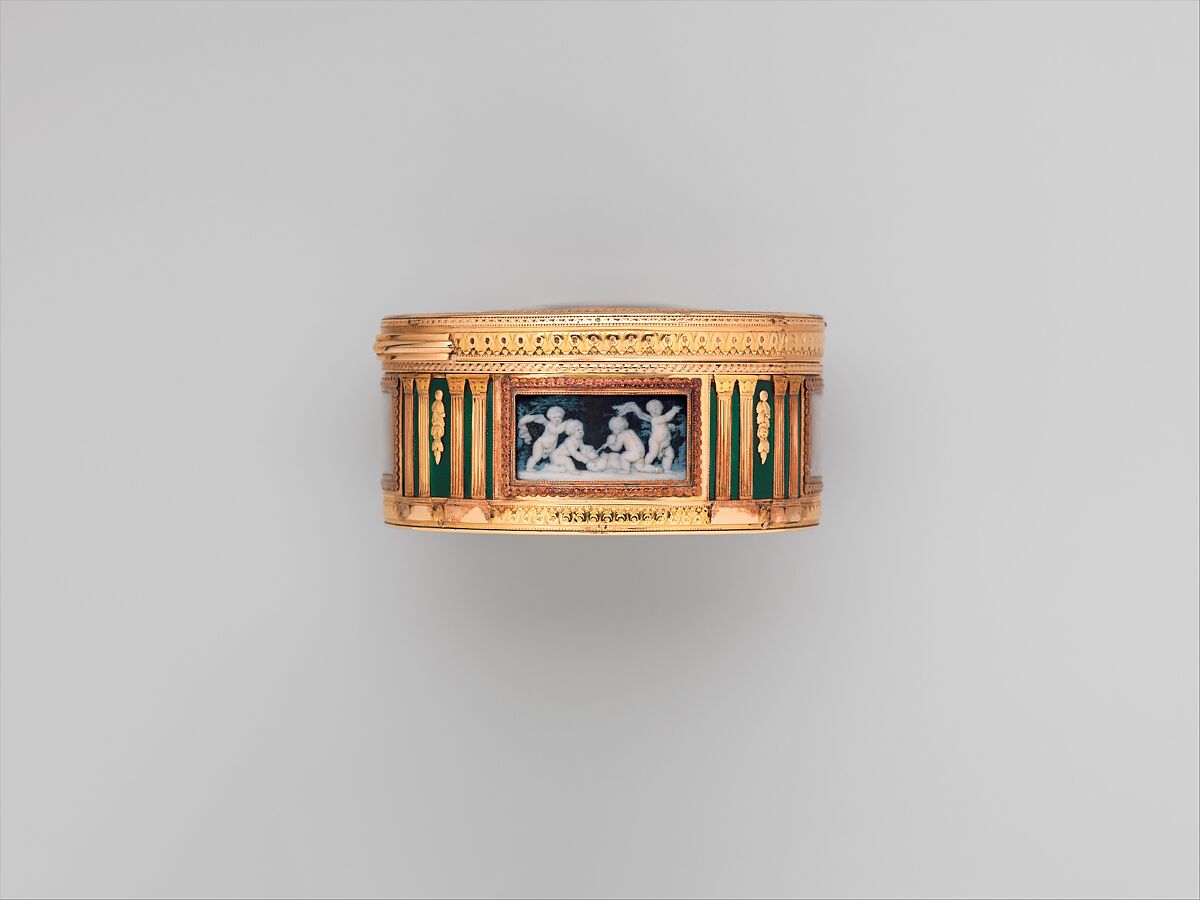 Snuffbox with scenes of putti at play, Pierre François Drais (French, 1726–ca. 1788), Gold, enamel, glass; Grisaille en camaïeu on ivory, French, Paris