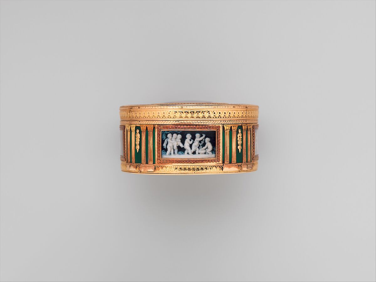 Snuffbox with scenes of putti at play, Pierre François Drais (French, 1726–ca. 1788), Gold, enamel, glass; Grisaille en camaïeu on ivory, French, Paris