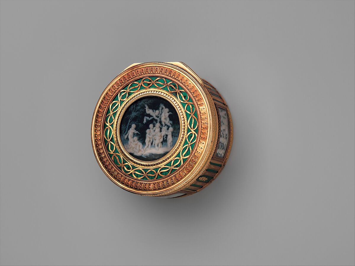 Snuffbox with scenes of putti at play, Pierre François Drais (French, 1726–ca. 1788), Gold, enamel, glass; Grisaille en camaïeu on ivory, French, Paris