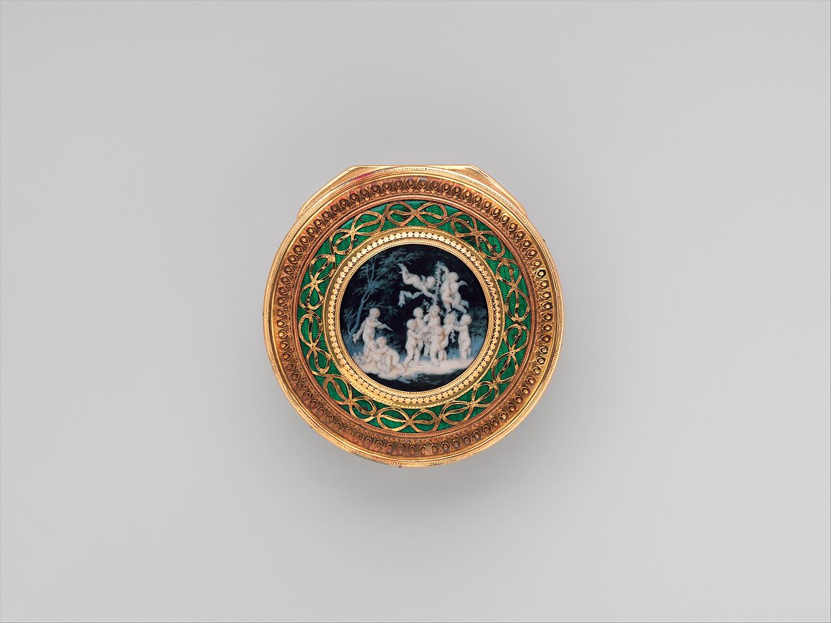 Snuffbox with scenes of putti at play, Pierre François Drais (French, 1726–ca. 1788), Gold, enamel, glass; Grisaille en camaïeu on ivory, French, Paris 