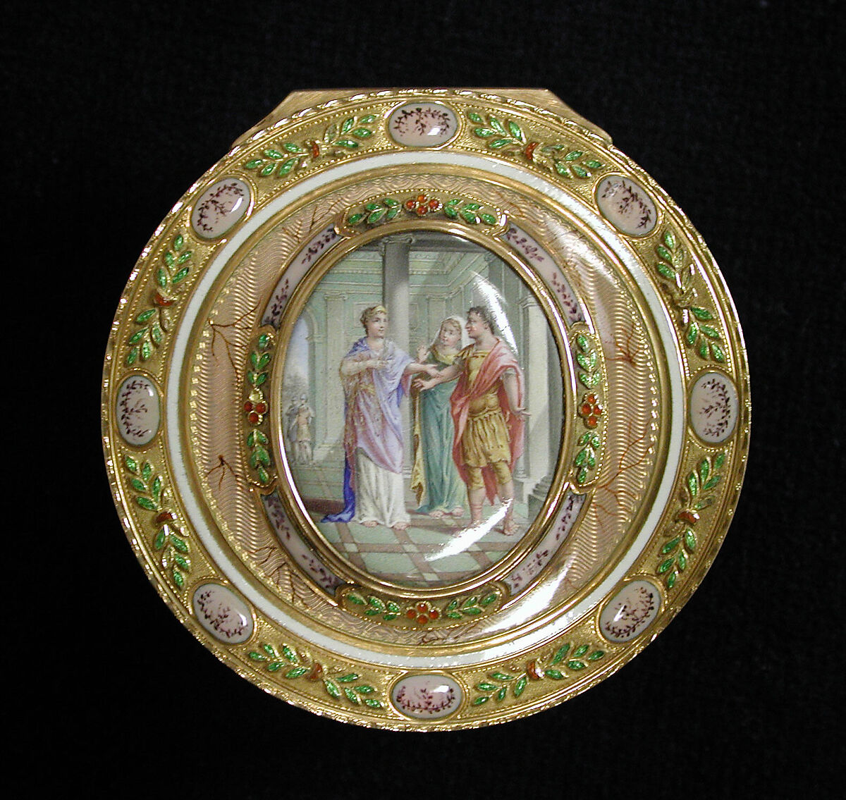 Snuffbox with miniature depicting the return of Theseus, Probably by Barthélemy Pillieux (apprenticed 1764, master 1774, active 1790), Gold, enamel, French, Paris 