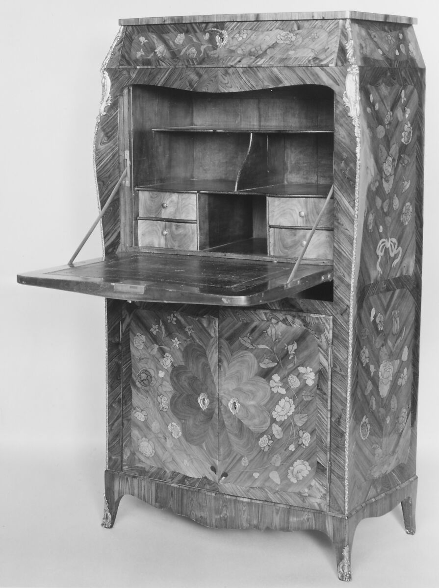 Secretary, Kingwood, tulipwood and various other marquetry woods, gilt bronze, French