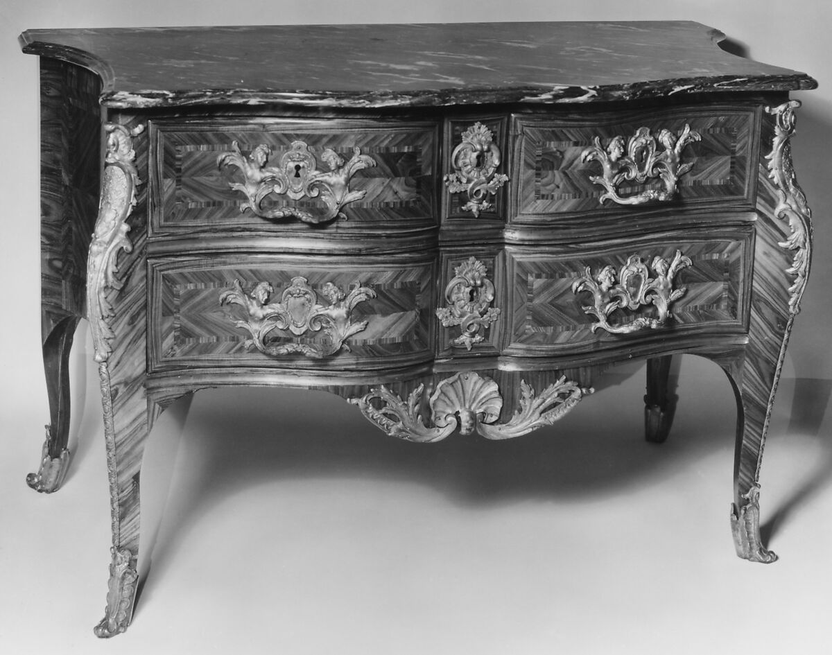 Commode, Various marquetry woods, marble, gilt bronze, French 