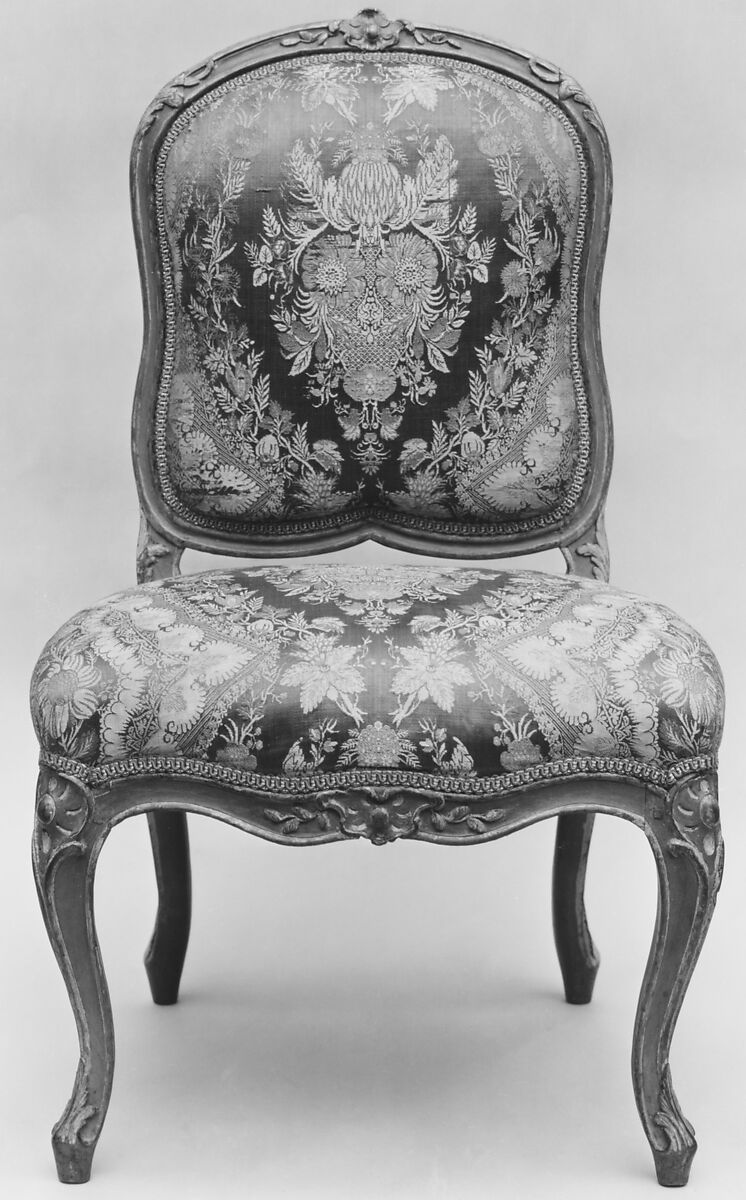 Pair of side chairs, Jean-Baptiste I Tilliard (French, 1686–1766), Carved and painted wood; silk upholstery, French, Paris 