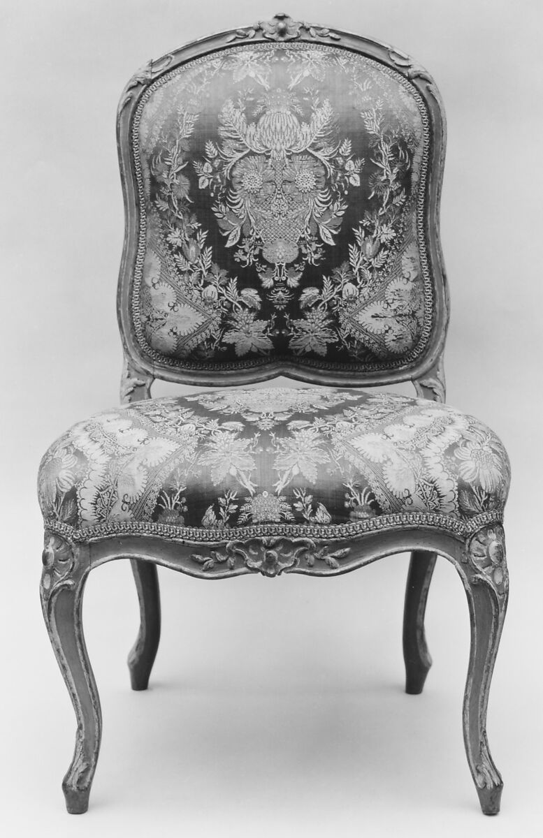 Pair of side chairs, Jean-Baptiste I Tilliard (French, 1686–1766), Carved and painted wood; silk upholstery, French, Paris