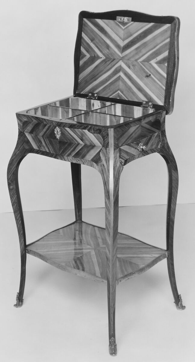 Work table, Oak and pine veneered with tulipwood and root woods; brass, gilt bronze, French