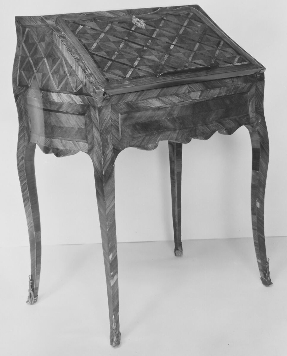 Slant-top desk, Kingwood, mahogany and various other marquetry woods; gilt bronze, leather, French 
