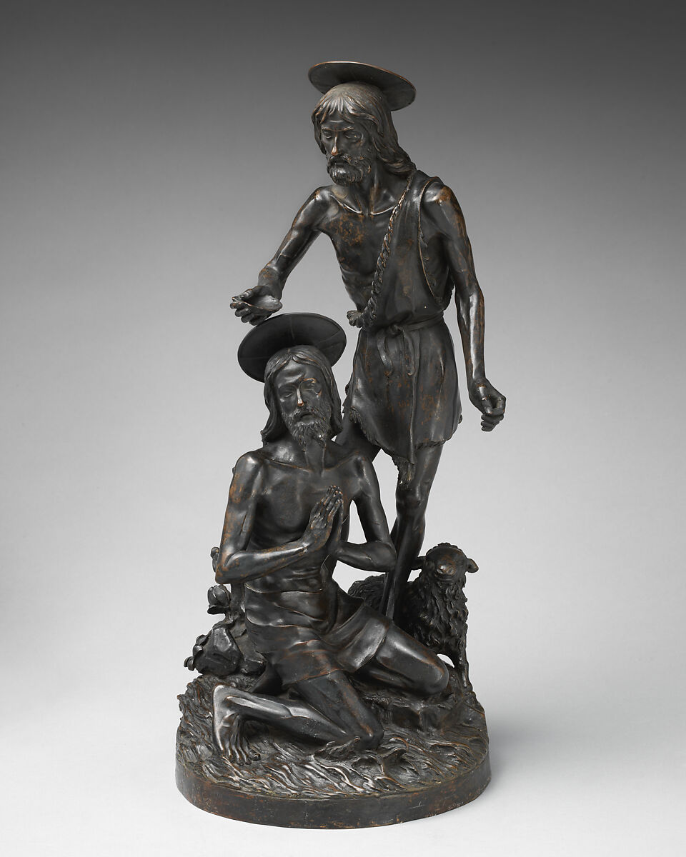 Renaissance-style statuette of the Baptism of Christ, Bronze, alabaster base (modern), Italian 