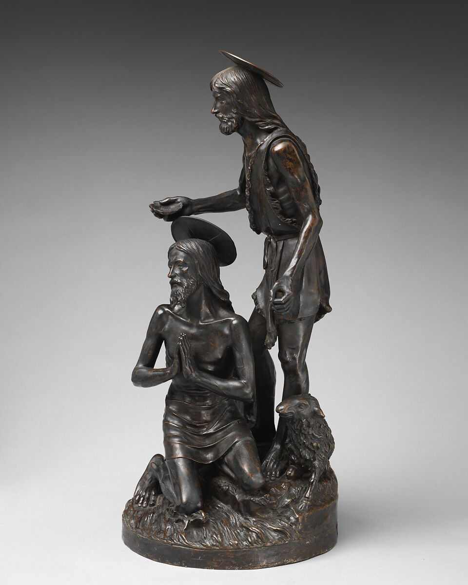 Renaissance-style statuette of the Baptism of Christ, Bronze, alabaster base (modern), Italian