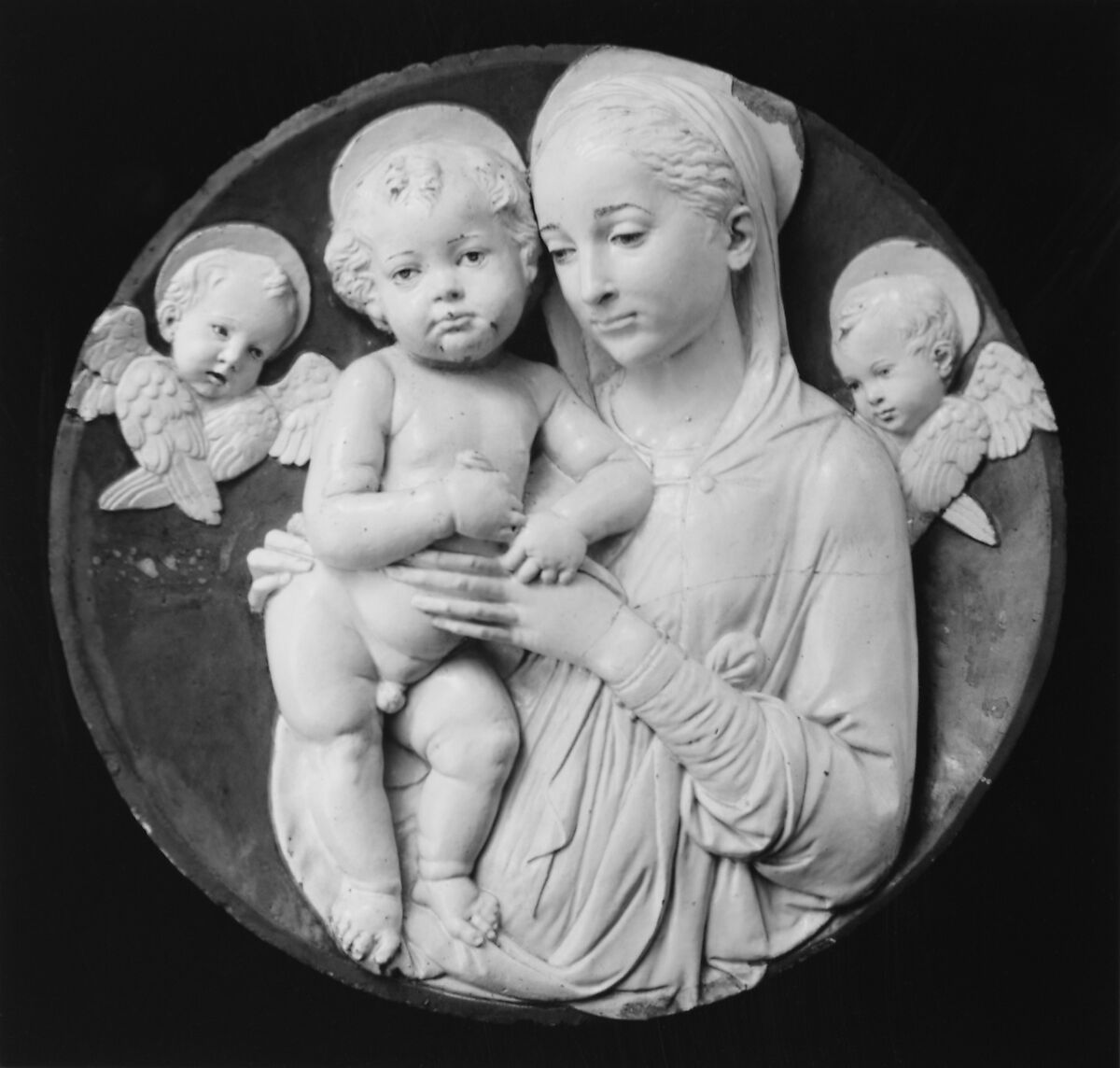 Madonna and Child, Workshop of Andrea della Robbia (Italian, 1435–1525), Relief: glazed terracotta; frame: wood, polychromed and gilt, Italian, Florence