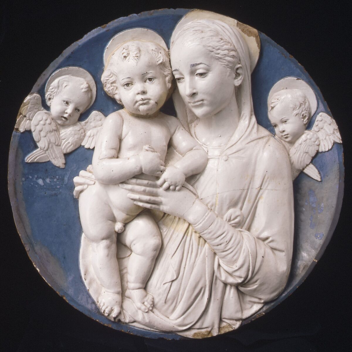 Madonna and Child, Workshop of Andrea della Robbia (Italian, 1435–1525), Relief: glazed terracotta; frame: wood, polychromed and gilt, Italian, Florence 
