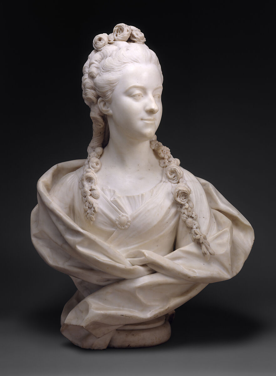 Geneviève-Françoise Randon de Malboissière (1740–1766), Jean-Baptiste Lemoyne the Younger (French, Paris 1704–1778 Paris), Bust: white marble; plinth: brèche violette marble, French 