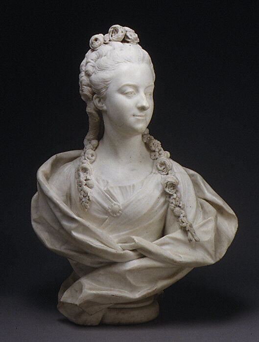 Geneviève-Françoise Randon de Malboissière (1740–1766), Jean-Baptiste Lemoyne the Younger (French, Paris 1704–1778 Paris), Bust: white marble; plinth: brèche violette marble, French