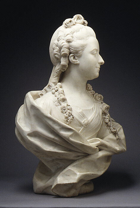 Geneviève-Françoise Randon de Malboissière (1740–1766), Jean-Baptiste Lemoyne the Younger (French, Paris 1704–1778 Paris), Bust: white marble; plinth: brèche violette marble, French
