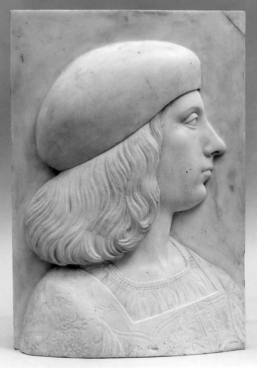 Portrait of a youthful patrician, Attributed to Gian Cristoforo Romano (Italian, Rome ca.1465–1512 Loreto), Marble; frame: gilded wood with touches of polychrome, Northern Italian, Mantua 