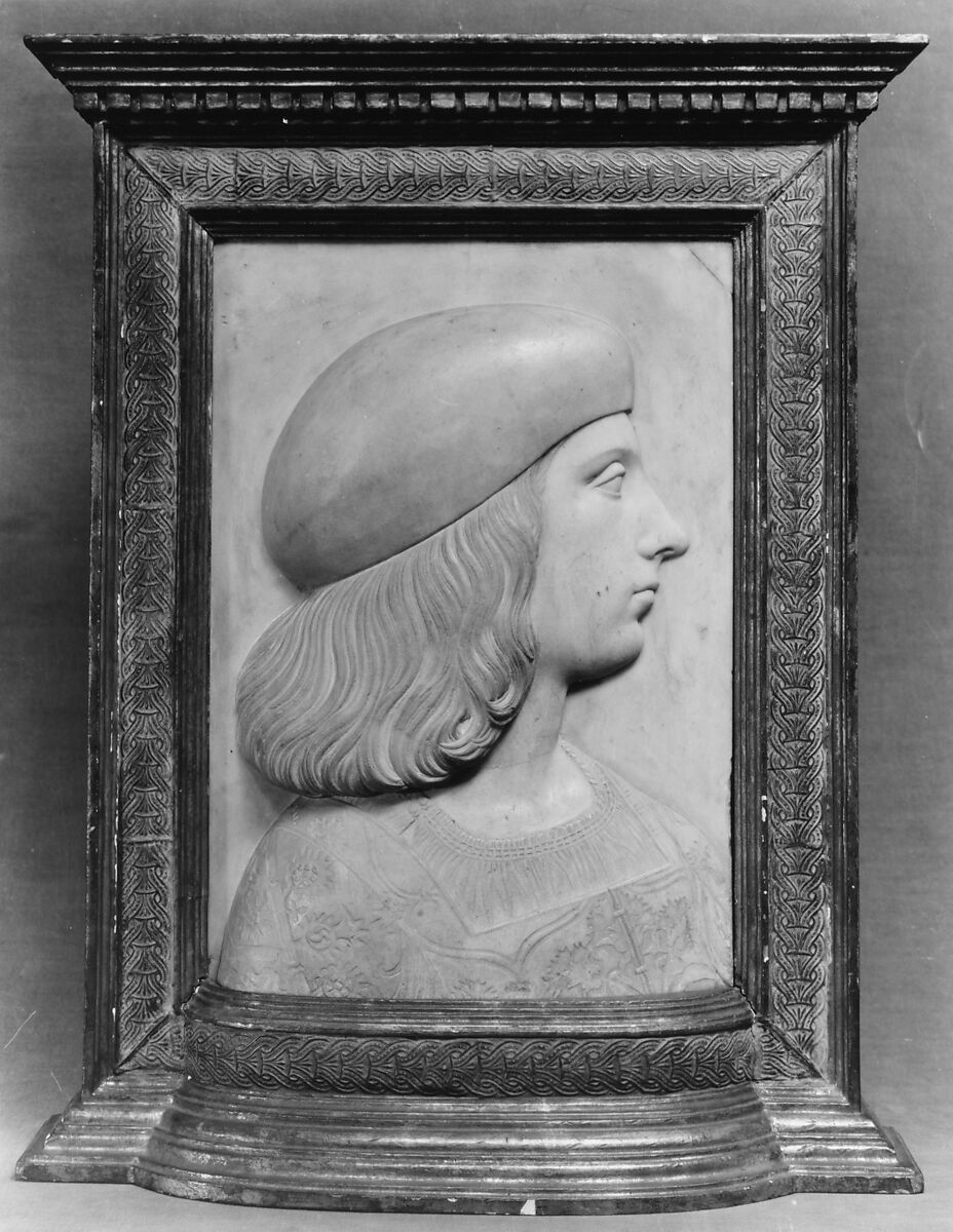 Portrait of a youthful patrician, Attributed to Gian Cristoforo Romano (Italian, Rome ca.1465–1512 Loreto), Marble; frame: gilded wood with touches of polychrome, Northern Italian, Mantua
