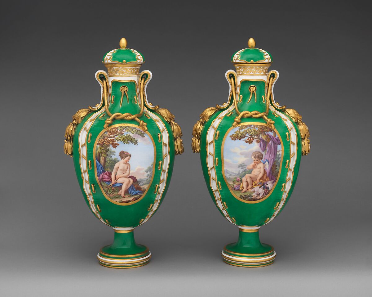 Pair of vases (vases cuir), Sèvres Manufactory (French, 1740–present), Soft-paste porcelain, gilt bronze, French, Sèvres 