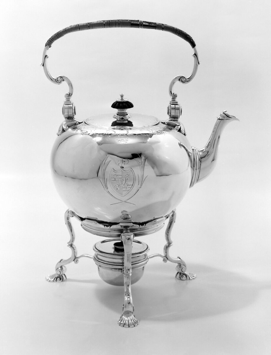 Hot water kettle with stand, Thomas Farrer (entered 1720), Silver, wood, British, London 
