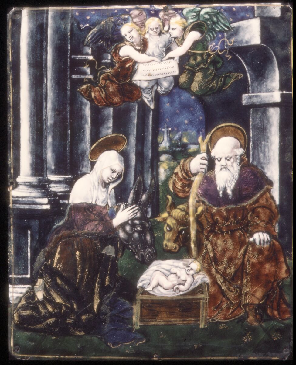Adoration of the Infant Christ, Probably made at workshop of Jean II Pénicaud (French, working ca. 1531/32–1549), Painted enamel on copper, partly gilt, French, Limoges 