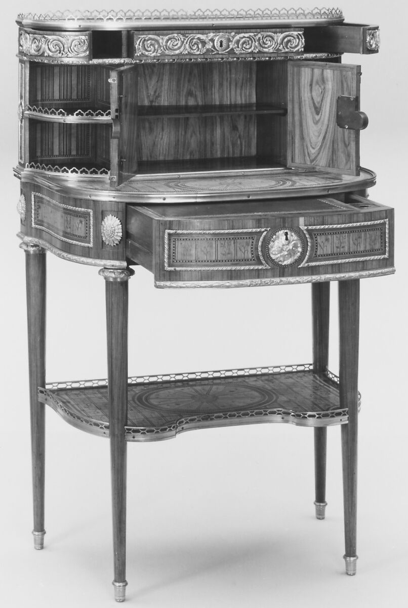 Desk (bonheur du jour), Attributed to Roger Vandercruse, called Lacroix (French, 1727–1799), Satinwood, tulipwood, black and green stained wood on oak; gilt bronze, French, Paris