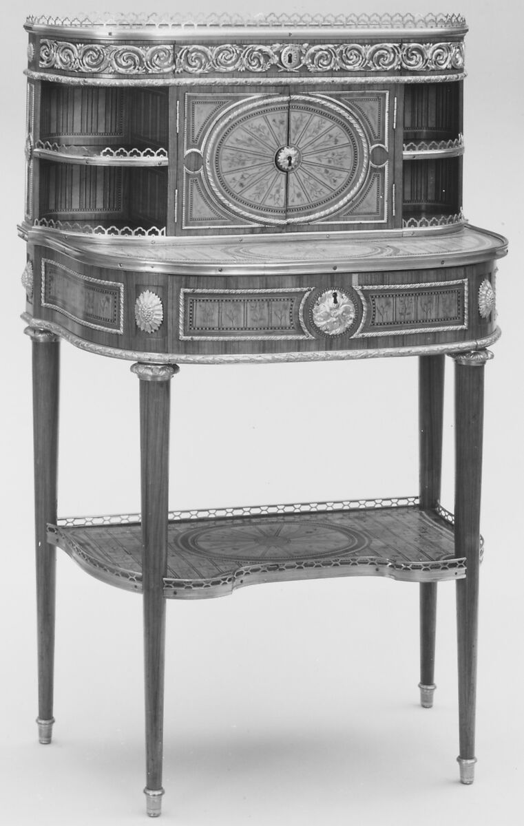 Desk (bonheur du jour), Attributed to Roger Vandercruse, called Lacroix (French, 1727–1799), Satinwood, tulipwood, black and green stained wood on oak; gilt bronze, French, Paris