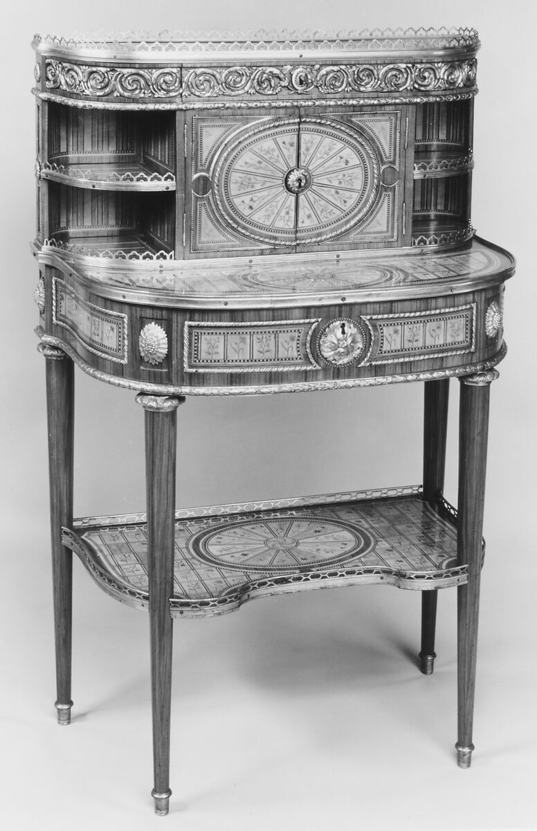 Desk (bonheur du jour), Attributed to Roger Vandercruse, called Lacroix (French, 1727–1799), Satinwood, tulipwood, black and green stained wood on oak; gilt bronze, French, Paris