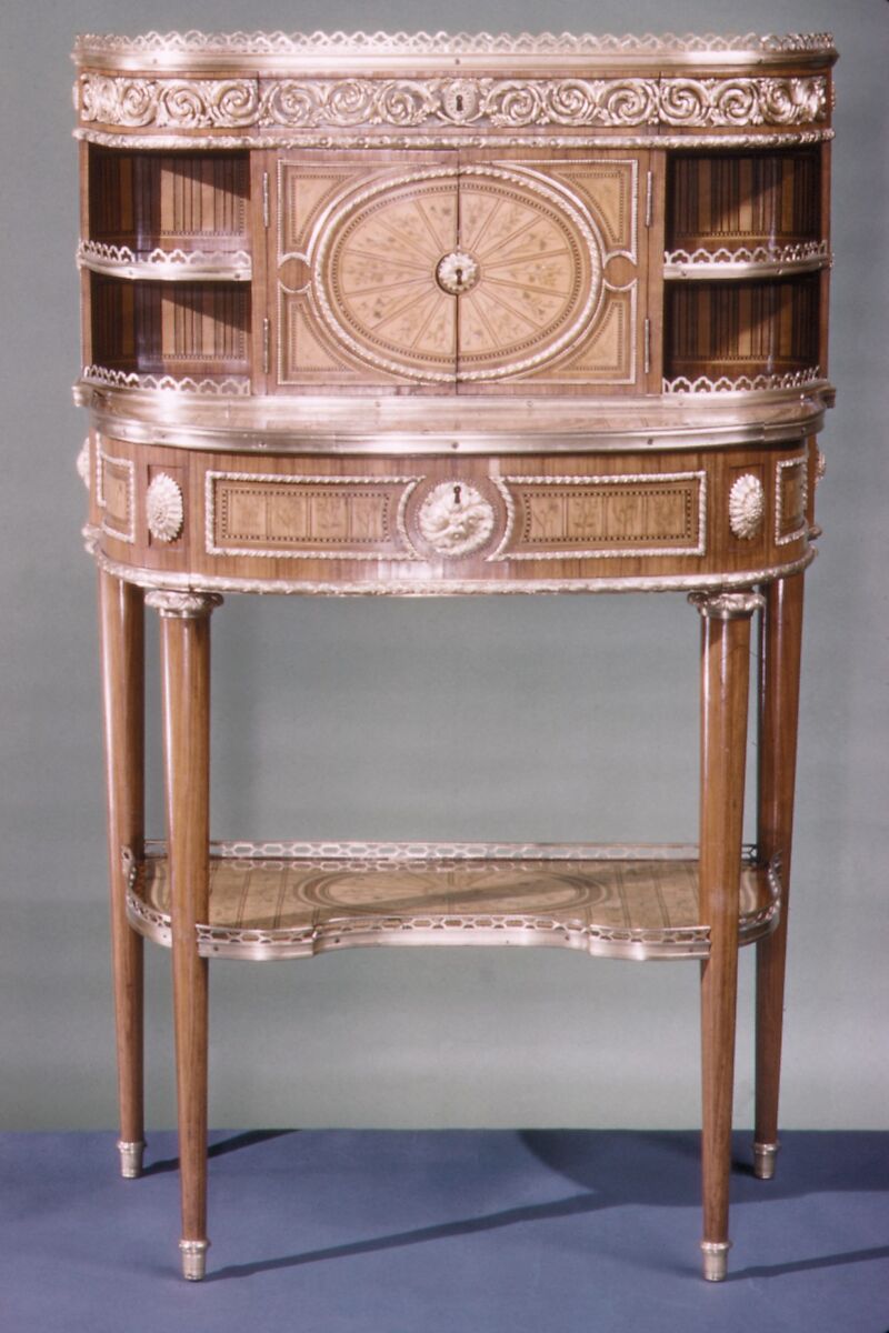 Desk (bonheur du jour), Attributed to Roger Vandercruse, called Lacroix (French, 1727–1799), Satinwood, tulipwood, black and green stained wood on oak; gilt bronze, French, Paris 