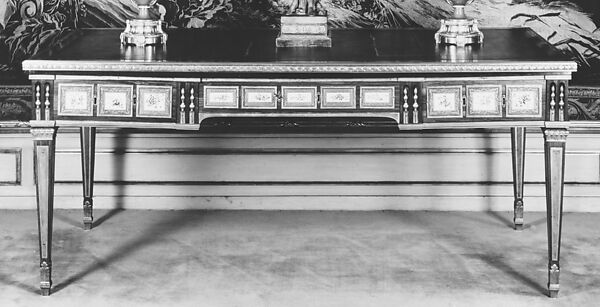 Table, Jean-François Leleu (1729–1807, master 1764), Tulipwood, Sèvres porcelain, gilt bronze, leather, silk moiré, French, Paris and Sèvres