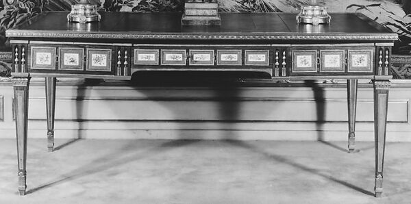 Table, Jean-François Leleu (1729–1807, master 1764), Tulipwood, Sèvres porcelain, gilt bronze, leather, silk moiré, French, Paris and Sèvres