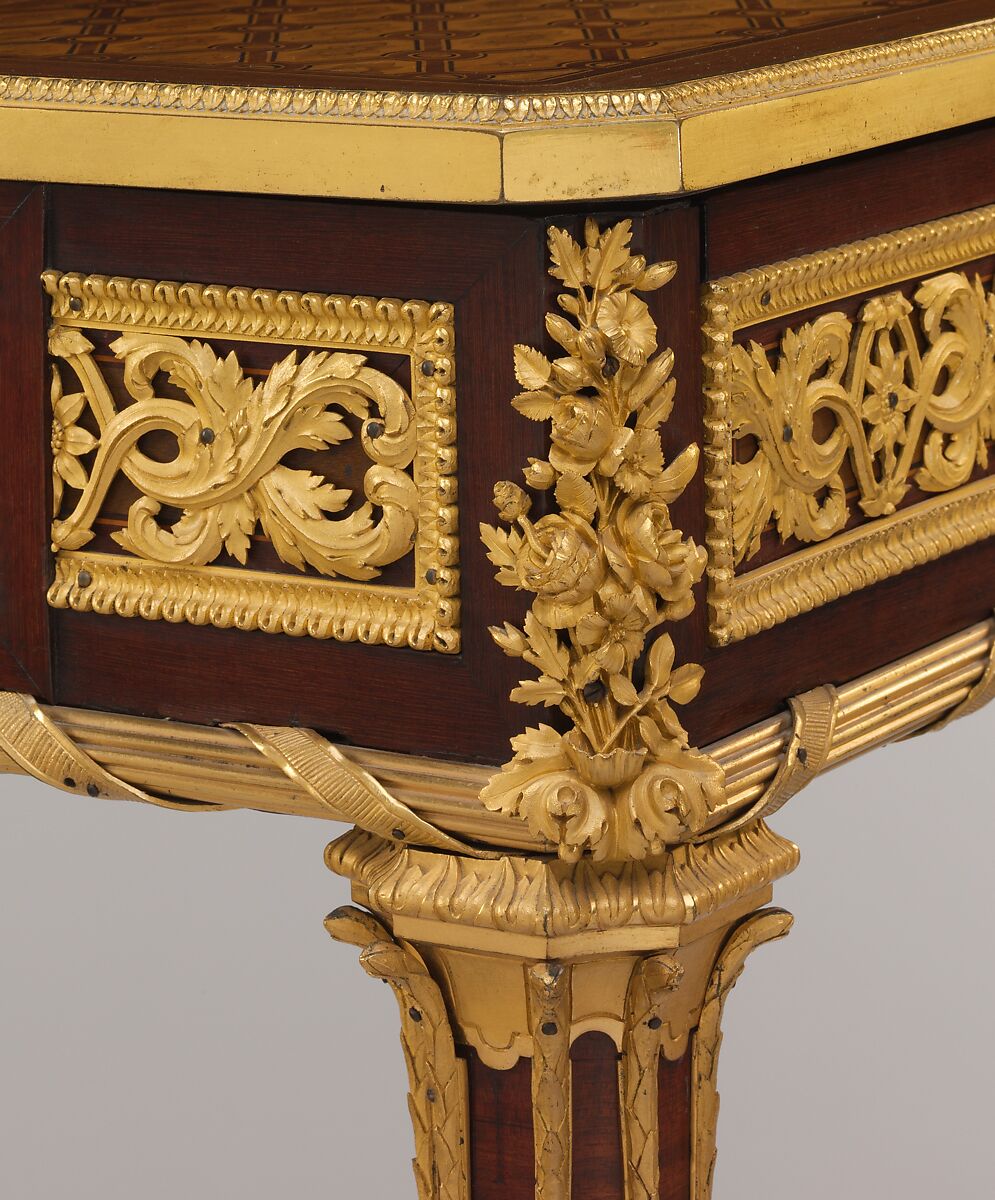 Mechanical table, Jean Henri Riesener (French, Gladbeck, North Rhine-Westphalia 1734–1806 Paris), Oak veneered with mahogany and marquetry of bois satiné, sycamore, holly, ebonized holly fillets, and bayberry, the top with an amaranth border; gilt-bronze mounts; mirror glass; iron and brass fittings; green velvet (not original), French, Paris