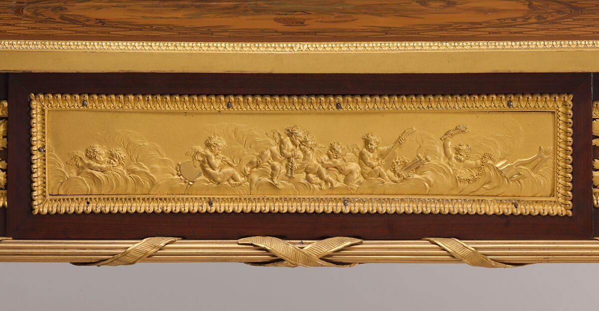 Mechanical table, Jean Henri Riesener (French, Gladbeck, North Rhine-Westphalia 1734–1806 Paris), Oak veneered with mahogany and marquetry of bois satiné, sycamore, holly, ebonized holly fillets, and bayberry, the top with an amaranth border; gilt-bronze mounts; mirror glass; iron and brass fittings; green velvet (not original), French, Paris