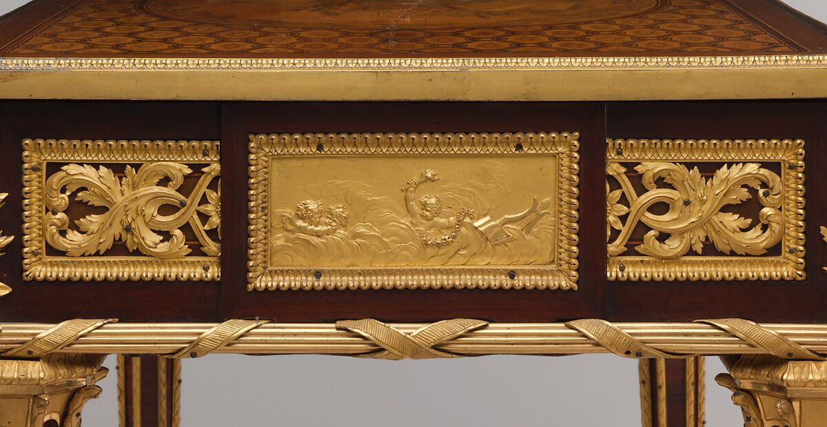 Mechanical table, Jean Henri Riesener (French, Gladbeck, North Rhine-Westphalia 1734–1806 Paris), Oak veneered with mahogany and marquetry of bois satiné, sycamore, holly, ebonized holly fillets, and bayberry, the top with an amaranth border; gilt-bronze mounts; mirror glass; iron and brass fittings; green velvet (not original), French, Paris