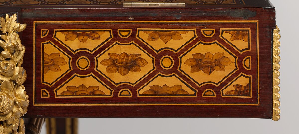 Mechanical table, Jean Henri Riesener (French, Gladbeck, North Rhine-Westphalia 1734–1806 Paris), Oak veneered with mahogany and marquetry of bois satiné, sycamore, holly, ebonized holly fillets, and bayberry, the top with an amaranth border; gilt-bronze mounts; mirror glass; iron and brass fittings; green velvet (not original), French, Paris
