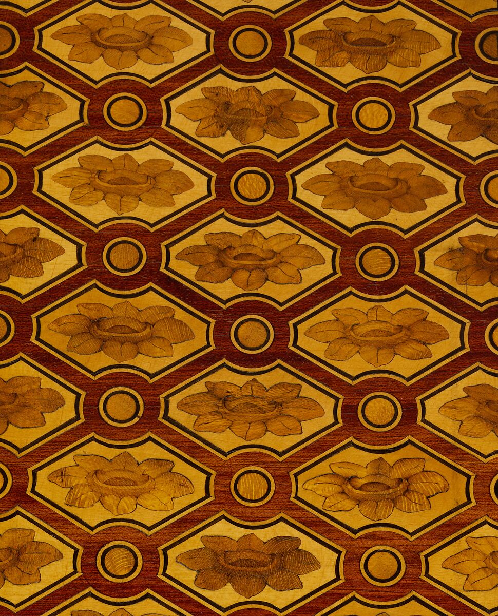 Mechanical table, Jean Henri Riesener (French, Gladbeck, North Rhine-Westphalia 1734–1806 Paris), Oak veneered with mahogany and marquetry of bois satiné, sycamore, holly, ebonized holly fillets, and bayberry, the top with an amaranth border; gilt-bronze mounts; mirror glass; iron and brass fittings; green velvet (not original), French, Paris