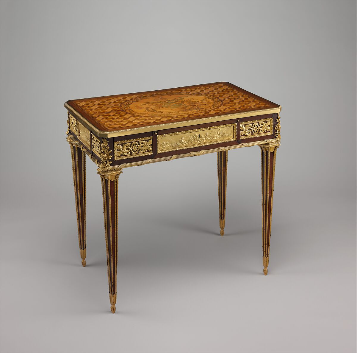 Mechanical table, Jean Henri Riesener (French, Gladbeck, North Rhine-Westphalia 1734–1806 Paris), Oak veneered with mahogany and marquetry of bois satiné, sycamore, holly, ebonized holly fillets, and bayberry, the top with an amaranth border; gilt-bronze mounts; mirror glass; iron and brass fittings; green velvet (not original), French, Paris 