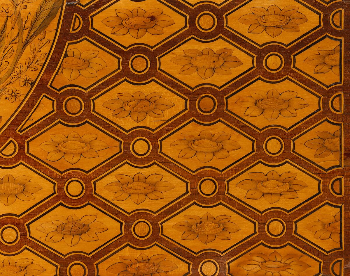 Mechanical table, Jean Henri Riesener (French, Gladbeck, North Rhine-Westphalia 1734–1806 Paris), Oak veneered with mahogany and marquetry of bois satiné, sycamore, holly, ebonized holly fillets, and bayberry, the top with an amaranth border; gilt-bronze mounts; mirror glass; iron and brass fittings; green velvet (not original), French, Paris